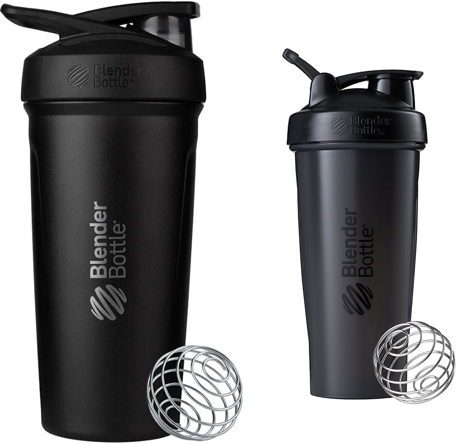 BlenderBottle Strada Shaker Cup Izolované nerezové oceli láhev s Wire Whisk, 24-Ounce, Black & Classic Shaker láhev ideální pro proteinové třepačky a Pre Workout, 28-Ounce, černá
