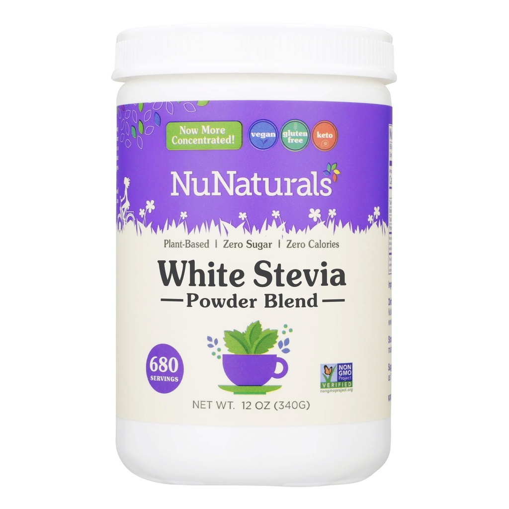 NuNaturals White Stevia Powder Blend, Plant- based Sugar Substitute, Zero Calorie Sweetener, 12 oz