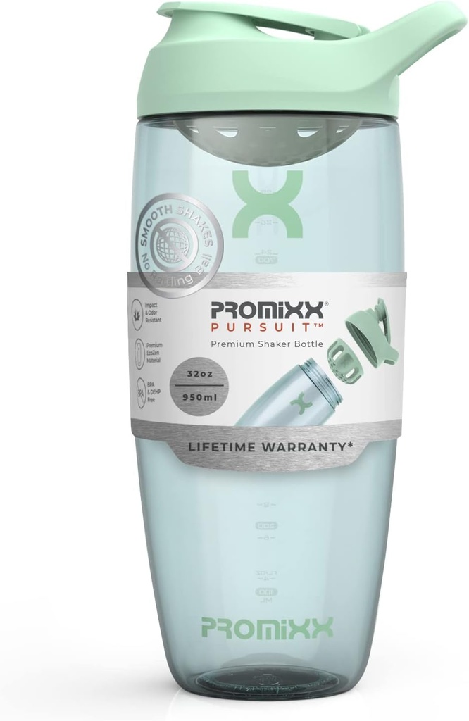 Promixx Pursuit protein Shaker Bottle (32 oz) - Silent No-Ball Mixer, Leak-Proof Lid, BPA / BPS & Phtalate-Free ECOZEN - Easy- Clean Shaker Cup for Protein Shakes, Pre & Post- Workout Smoothies