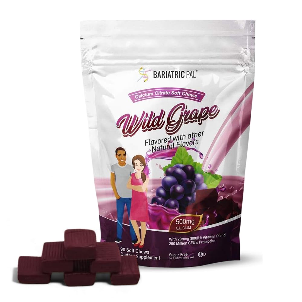 BariatricPal Sugar- bez vápníku Citrát měkké žvýkací 124; 500mg s vitaminem D & Probiotika 124; Wild Grape 124; 90 Počet (1 měsíční dodávka)