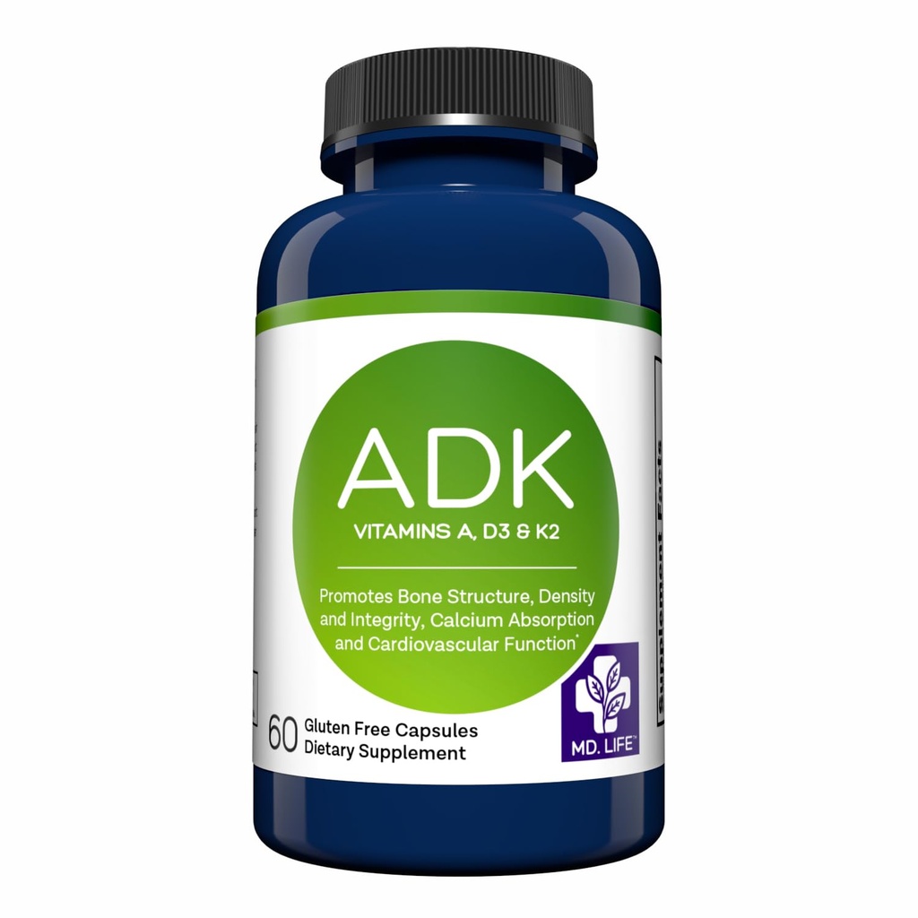 MD.LIFE ADK doplněk vitamínu - vitamín D3 K2 a komplex A - 60 Kapsle - Vysoká potence vitamín ADK pro podporu zdraví kostí a srdce