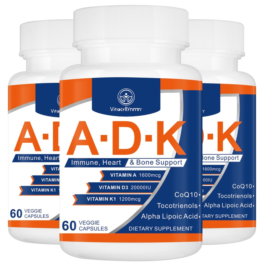 ADK doplněk vitamínu 20000 IU - vysoce potentní vitaminy A, D3 a K1 pro srdce, zdraví kostí a imunitní podporu vitamin ADK 180 Kapsle