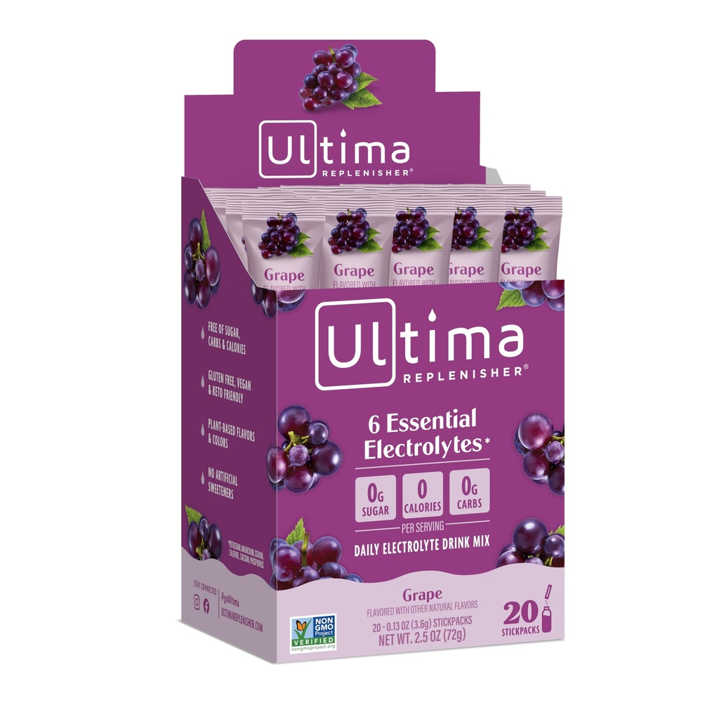 Ultima Replenisher Hydrating Electrolyte Powder, Grape, 20 Count Box, no Sugar, no Carbs, no Calories, Keto, Gluten- Free, Non- GMO, Vegan