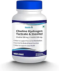Cholin Hydrogen Tartate 250mg & Inositol 250 Mg - 60 Kapsle PHARMAR 124; Energetický metabolismus, Zdraví jater, Esenciální funkce pro mozek a nerv - Non- GMO, Vegan, Gluten Free, mlékárenské zdarma