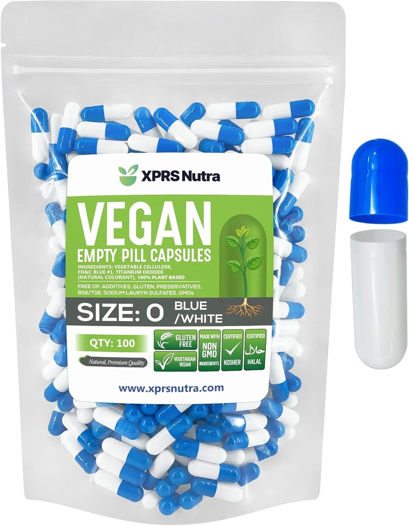 XPRS Nutra Velikost 0 Prázdné kapsle - 100 hrabě Prázdné Vegan Kapsle - Vegetariánské pilulky - DIY Zeleninové kapsle Plnicí - Veggie Pill Caps pro Do- It- Yourself Suplements (Blue / White)