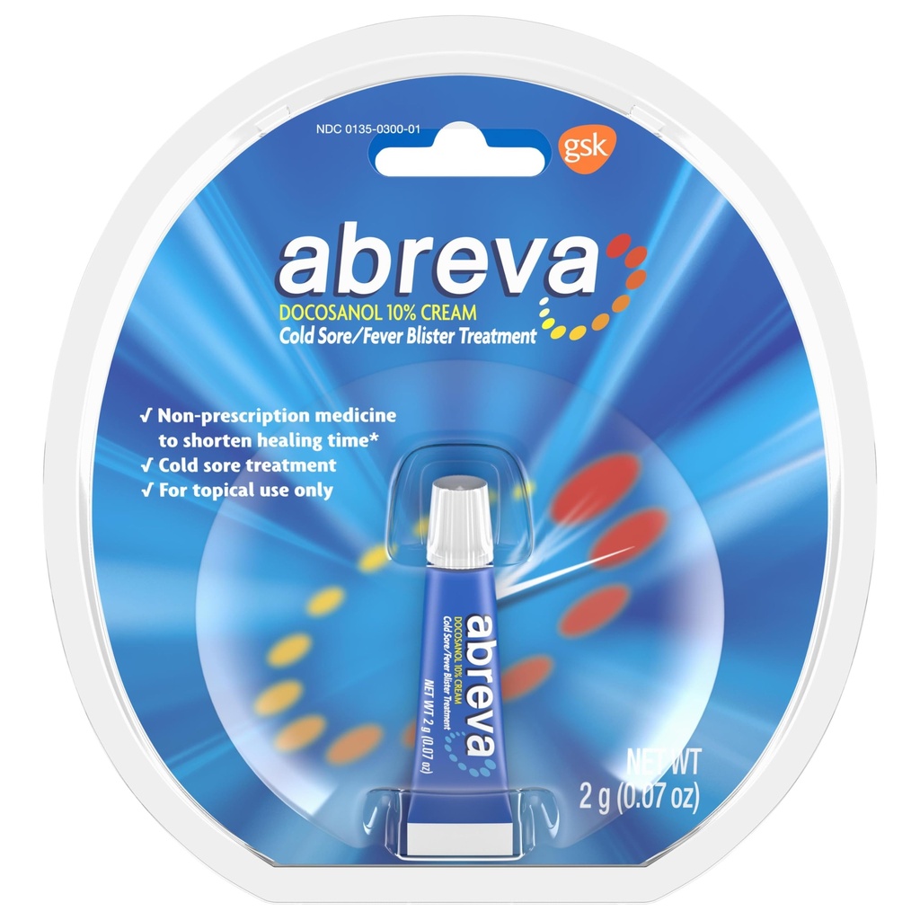 Abreva Docosanol 10% Cream Tube, FDA schválená léčba proti chřipce / horečce, 2 gramy