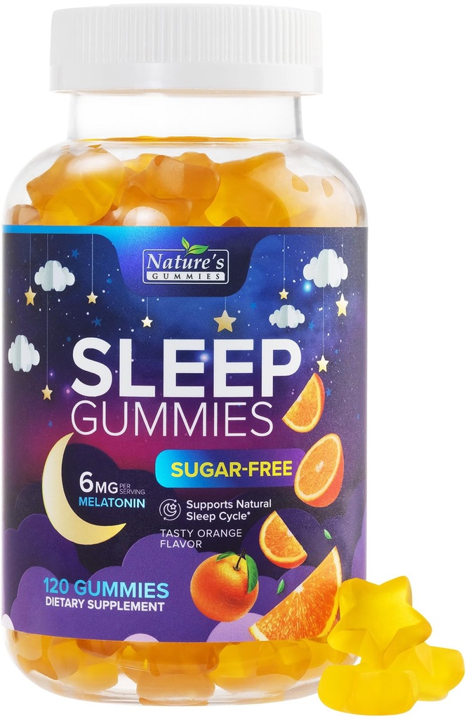 Spánkové žvejky 6 mg per serving - Cukr zdarma Melatonin Gummy dodatek pro dospělé - Přírodní nulový cukr Spící žvejka pro dospělé a děti, Oranžová ochucená, extra síla spánková podpora - 120 Žvýkačky