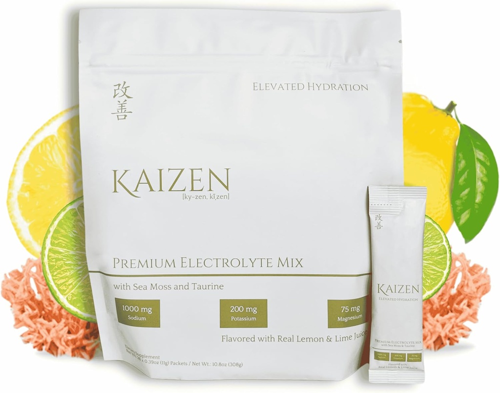 Kaizen Hydration - Premium All Body Hydration Drink - Energy, Focus, Wellness - Organic Electrolyte Mix with Irish Sea Moss, Taurin, Monkfruit Extract - Refreshing Lemon Lime Flavor - 8.88 oz