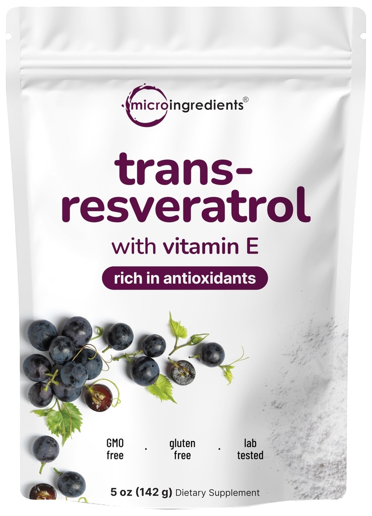 Čistý trans- resveratrol prášek s vitaminem E, 5 Ounce, 2 v 1 Formule, Mikronizovaný prášek pro lepší absorpci, Premium Resveratrol dodatek, Super antioxidant