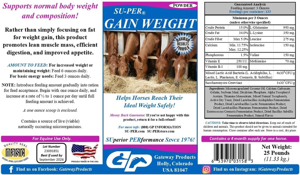 SU-PER Zisk Hmotnost pro koně - Koňský doplněk Hmotnost Gainer pro koně - Promotes Lean Muscle Mass, Digestion & Appetite - 25 liber, 4 měsíce Dodávka