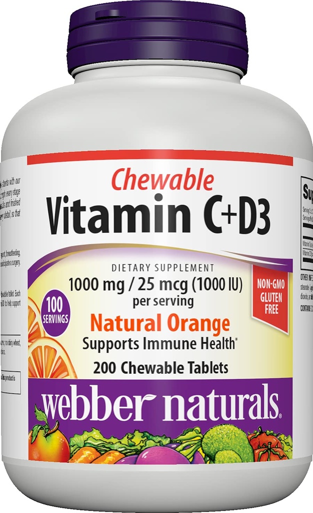Webber Naturals Vitamin C + D3, 200 žvýkací oranžové tablety, 1000 mg vitaminu C s 1000 IU vitaminu D3 per Serving, kosti, zuby, imunitní a antioxidant podpora, Non GMO, mlékárenský a gluten zdarma