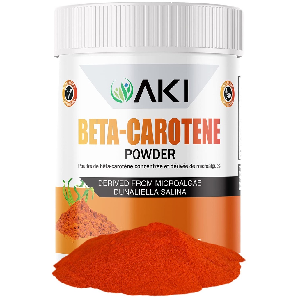 AKI Beta karoten 10% prášek (1.5oz / 42.52g) Vysoce koncentrované aromatické množství vitaminu A, May pomáhá podporovat funkce těla, kůže, imunitní systém a oko - GMO zdarma & Vegan Friendly