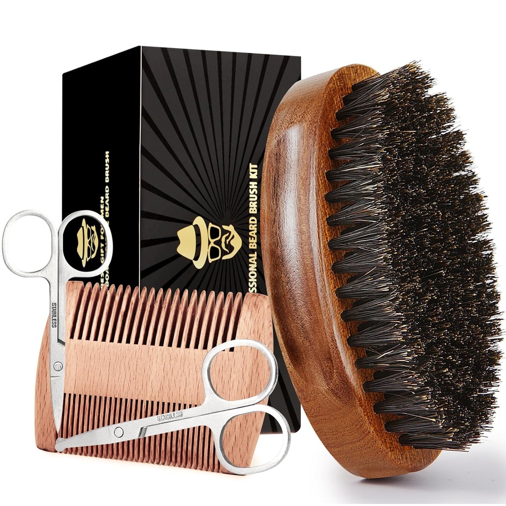 Sozon Beard kartáč pro muže, 100% čisté kance Bristle Beard kartáč, Beard Grooming Sada včetně Beard Comb, 2 Pcs nůžky na kníry, a cestovní taška