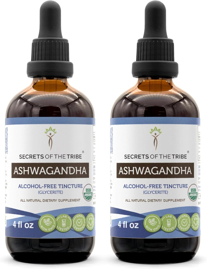 Ashwagandha Tincture Alcohol- Free Extract, USDA Organic Ashwagandha Witania Somnifera Anti- Stress and Relaxation 2x4 OZ