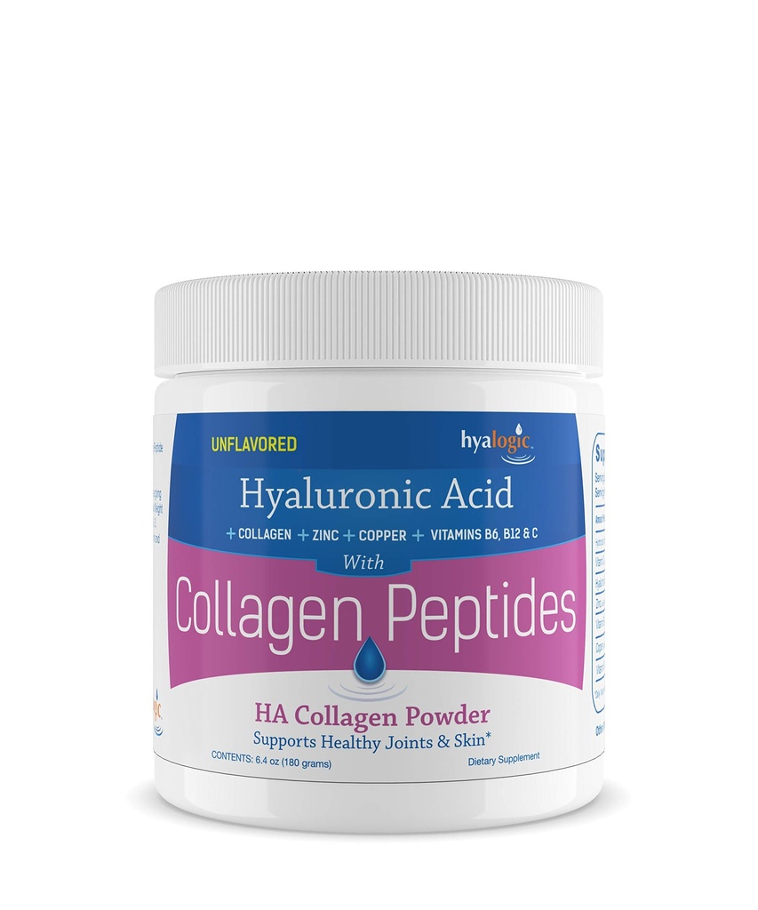 Hyalogický kolagen Peptidy Powder w / Hyaluronic Acid, Hydrolyzované typy 1 & 3, Tráva Fed, Keto Protein Powder Supplement pro růst vlasů, kůže, nehty, spojky bez příchutí snadno míchat 6.4 oz (180 gr.)