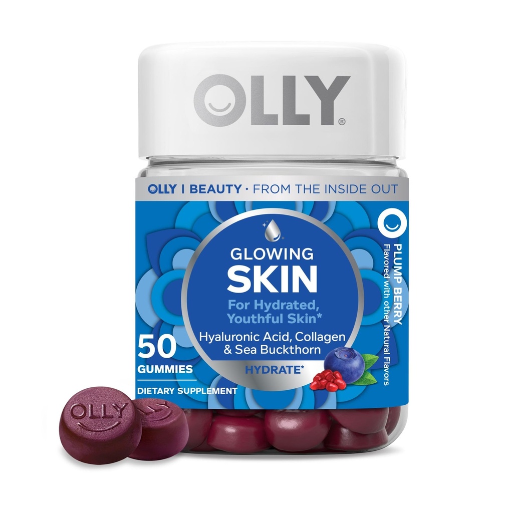 OLLY Gummy Gummy, Hydratovaný a mladistvý kůže, * Hyaluronická kyselina, kolagen Peptidy, Sea Buckthorn, Plump Berry Flavor, 25 Day Supply - 50 Počet