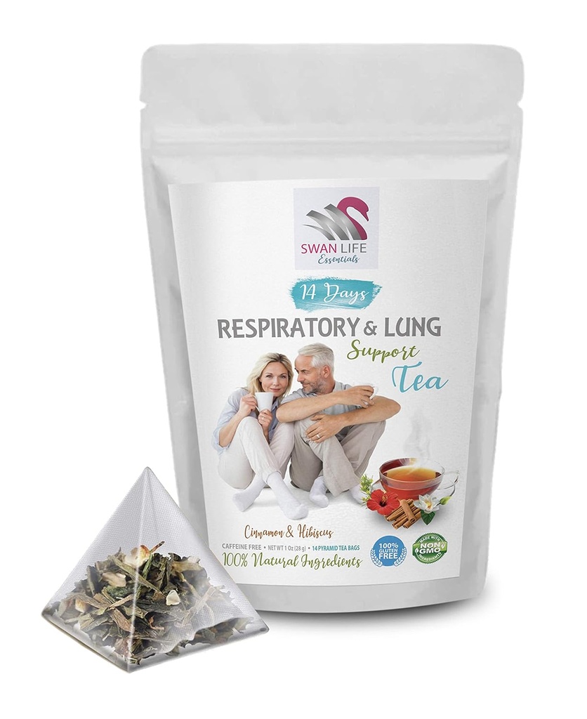 Respirační vitamíny - RESPIRATORNÍ A LUNG PODPORA TEA 14 dní s skořicí, ibišek, marshmallow Root, Astragalus, Peppermint, eukalyptus čaj list 1 balení 14 čajové tašky