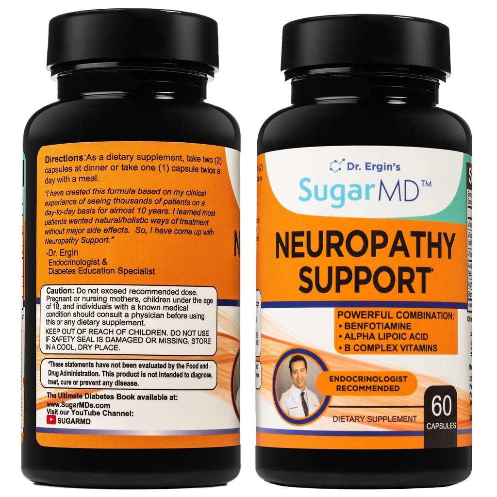 SugarMD doplněk k podpoře neuropatie - 60 Nerve doplněk Kapsle s Alpha Lipoic Acid, Benfotiamin & Vitamin D3 B6 B12 - Nerve Supplement pro podporu nohou, rukou, prstů a nohou - 30 denní dodávky