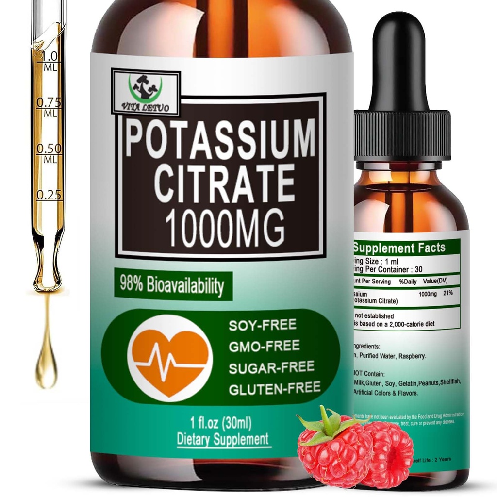 Citrát draselný kapalné kapky, doplněk draslíku 1000mg Tekutá podpora Svalová křeč Relief, Srdce Zdraví a Spánek, Vysoce absorbovatelné pro dospělé ženy & Muži, Vegan, 30 Služební