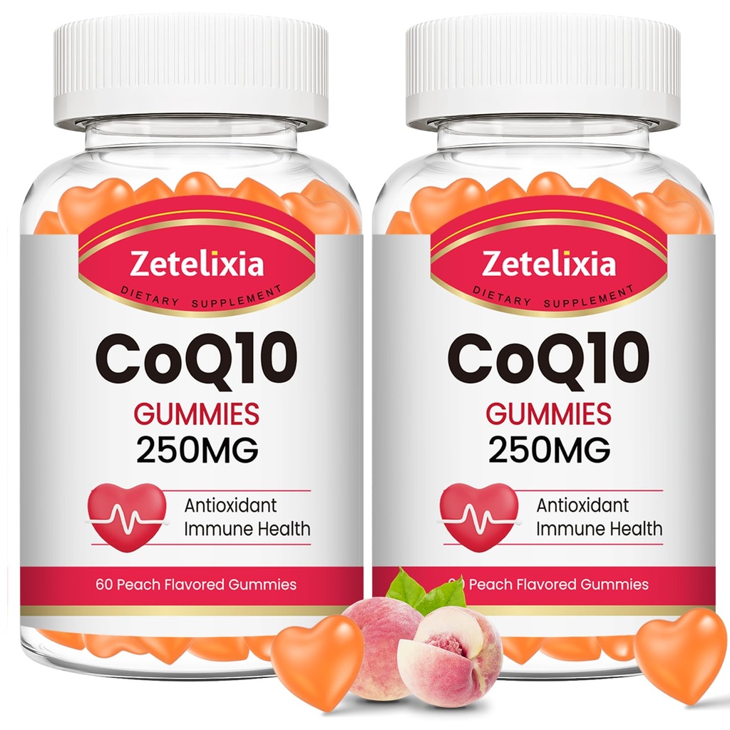 2 balení CoQ10 gumové, 5X lepší absorpční koenzym Q10 pro podporu buněčné energie a antioxidantů, 120 Broskvové gumové