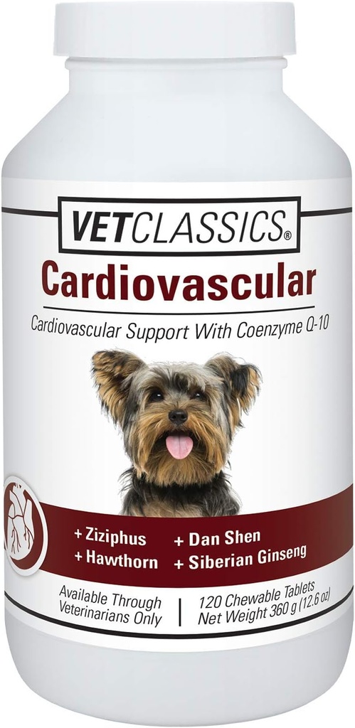 Vet Classics Kardiovaskulární podpora s Coenzym Q-10 pro psy, podporuje kardiovaskulární systém s Ziziphus, Dan Shen, Hawthorn, & Sibiřský ženšen, 120 Žvýkací tablety