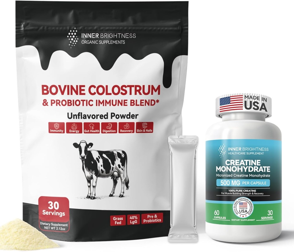 Mlezivo Supplement Prášek pro Gut, Imunitní zdraví & Nutriční Absorpce, 30 Podání + Creatin Monohydrát Kapsle pro budování svalů