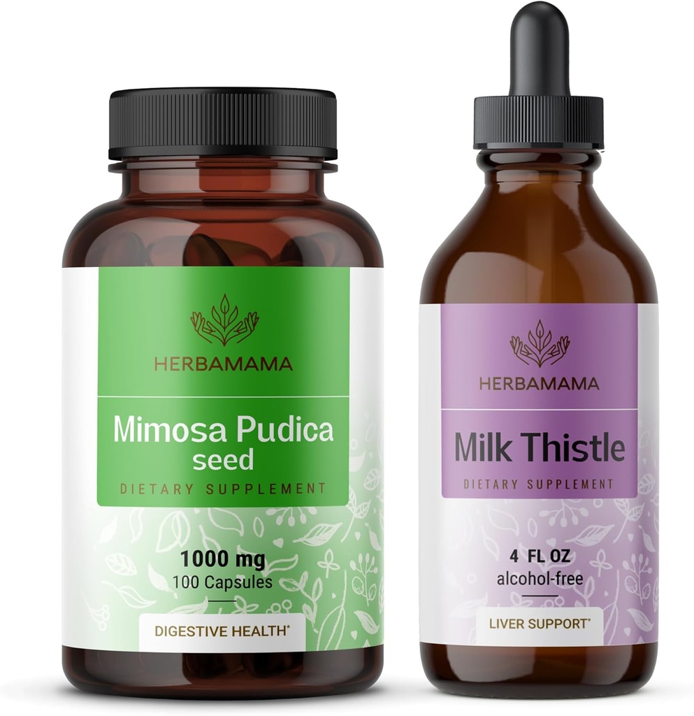 HERBAMAMA Mimosa Pudica and Milk Thistle Kit - Bundle of 1000 mg Mimosa Pudica Capsules & Milk Thistle Tincture 4 fl oz - Vegan, Non- GMO, Sugar & Alcohol- Free - 2 Pack