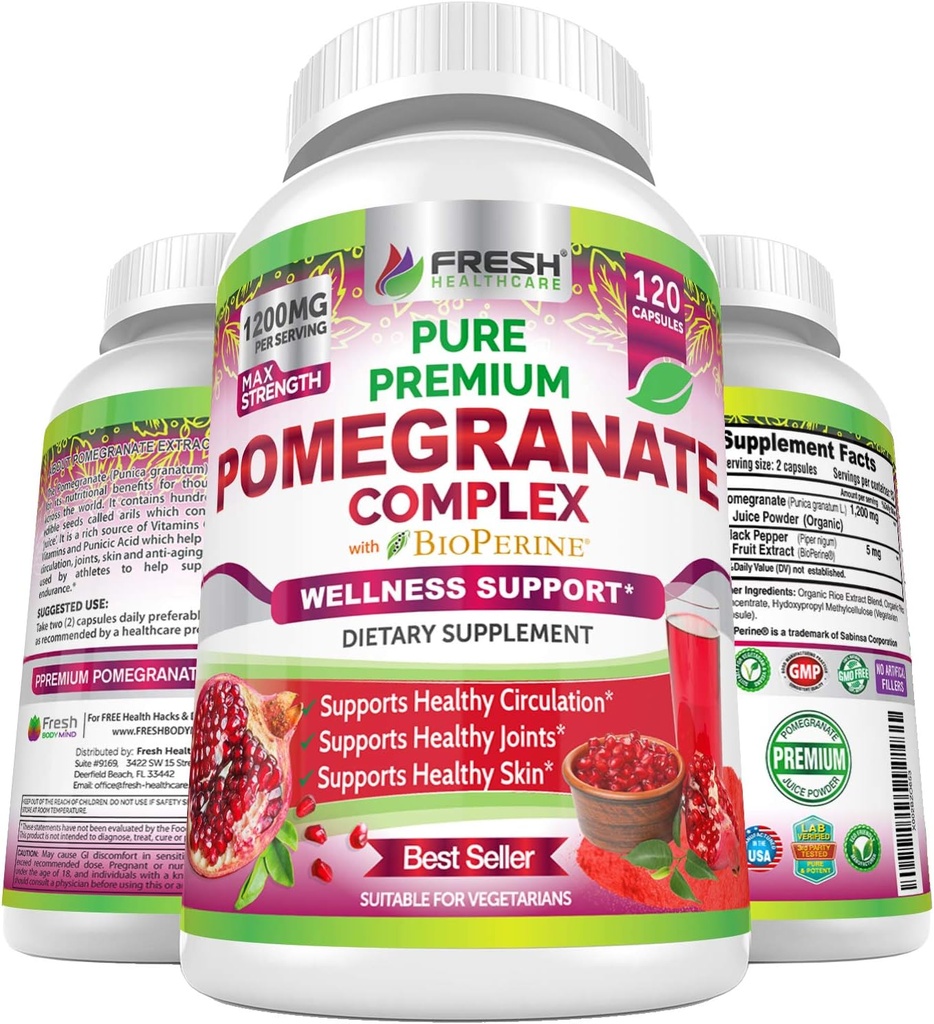 Premium Granulate Juice Powder Supplement 1200mg, podporuje zdravý krevní tlak, spony, kůže a anti stárnutí s bioperine Black Pepper, Výkonný antioxidant s vitamínem C & K, 120 Veganové kapsle