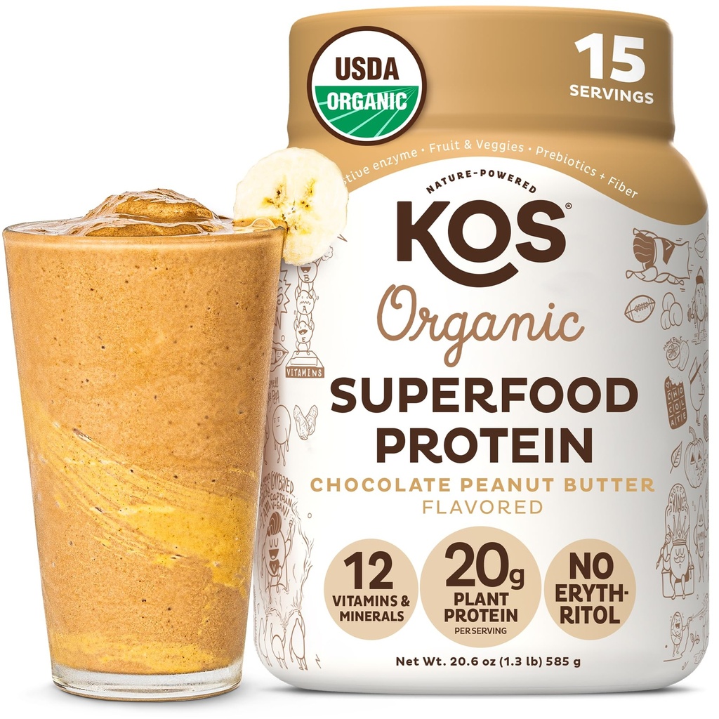 Kos Organic Plant Based Protein Powder, Čokoládové arašídové máslo - Delicious Vegan Protein Powder - Keto Friendly, Gluten Free, Dairy Free & Soy Free - 15 Služeb
