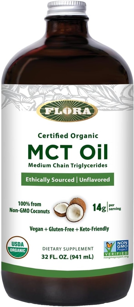 Flora - MCT Oil Certified Organic - Podporuje Muscle Energy & Brain Health - Obsahuje C8 Capril Acid & C10 Capric Acid - Non- GMO, gluten- Free, Vegan & Keto- Friendly - 32 f. oz. Skleněná lahvička