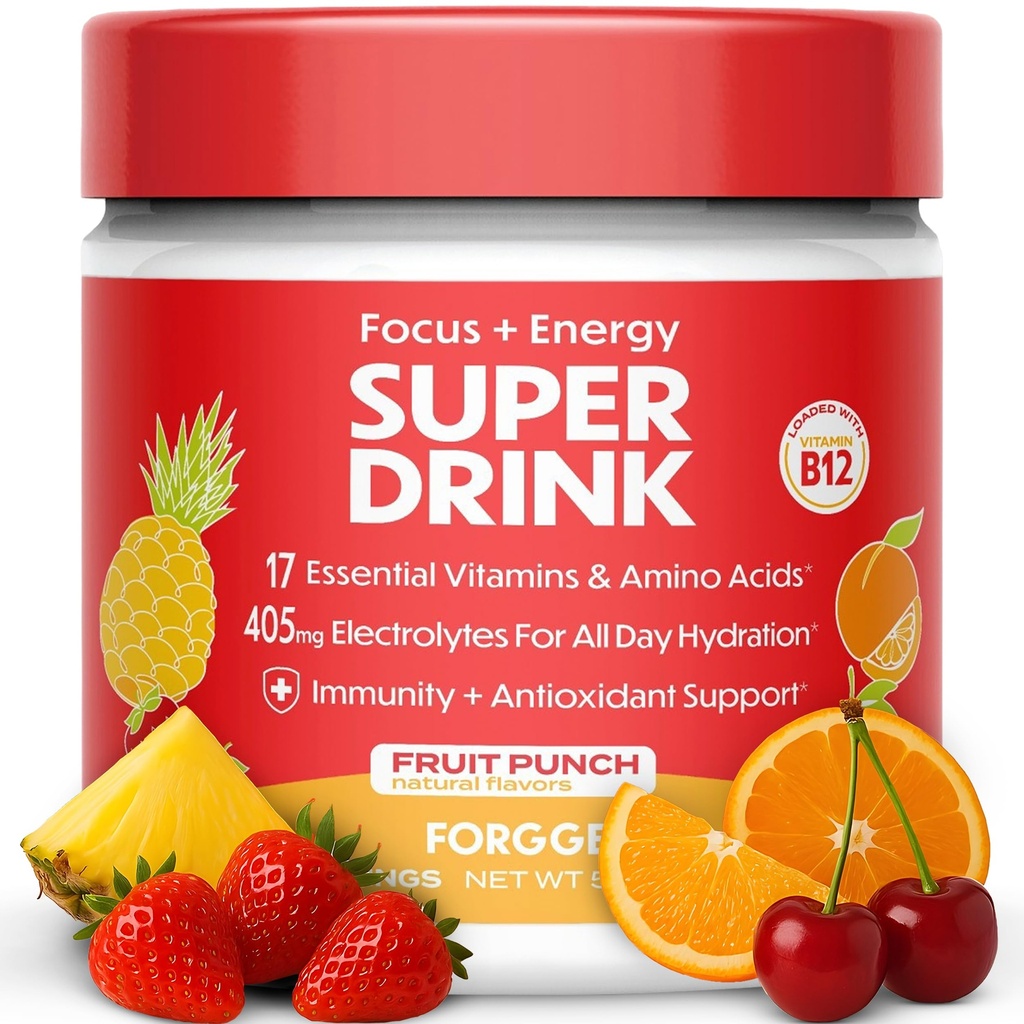 Fake Zdravý energetický nápoj prášek Mix - Clean Caffeine + B12, B6, C & D Vitamíny - Sugar Free Energy Drink Powder with Electrolytes, Amino Acids, Antioxidants, Lions Mane - Vegan, Keto- Friendly - 30 SVG, Ovocný punč