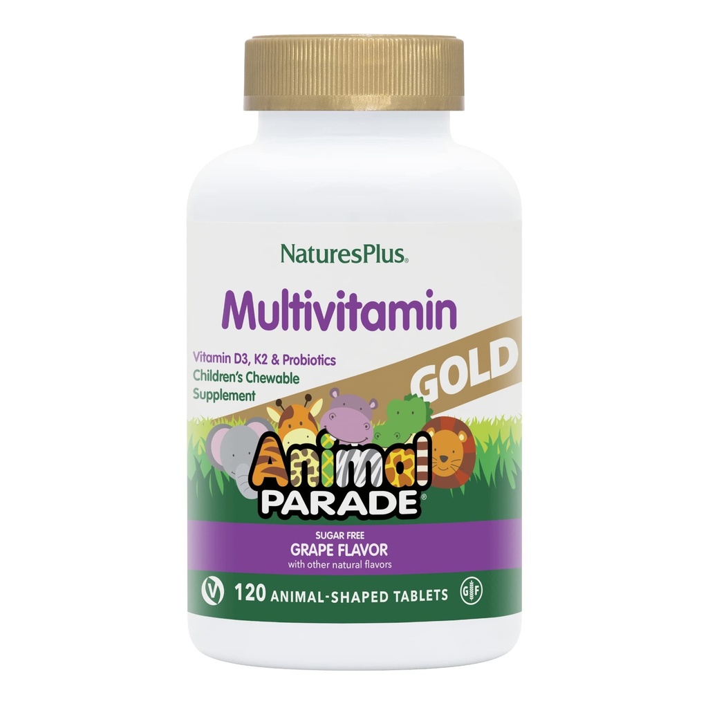 Natures Plus Animal Parade Gold Children 's Multivitamin, Grape Flavor - 120 Žvýkací zvířecí tvarované tablety - Vegan, gluten zdarma - 60 Služeb