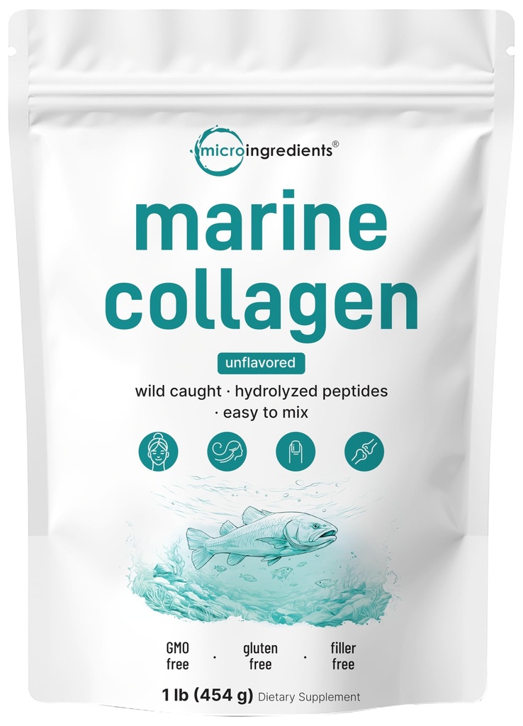 Mikro ingredience Marine Collagen Peptides Powder, 1 LB 124; Typ I Marine Collagen + Natural Protein IR 124; Wild- Catched Fish Source IR 124; Neochucené 124; Podporuje vlasy, kůže a společné zdraví 124; Pescatarian, Non-GMO