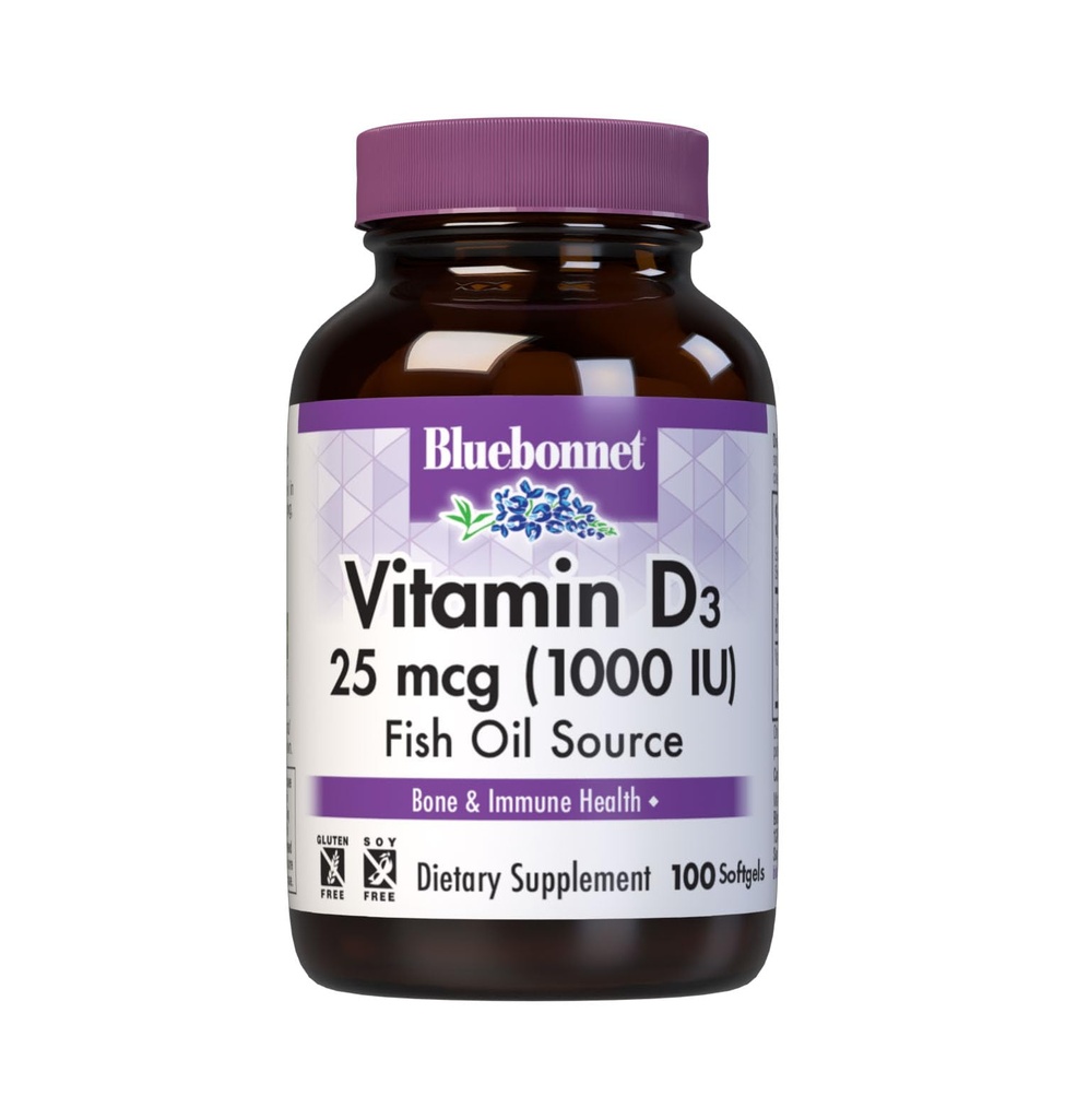 Bluebonnet Nutrition Vitamin D3 1000 IU Softgels, AIDS ve svalovém a skeletárním růstu, Cholekalciferol z rybího oleje, non GMO, gluten zdarma, Soy Free, Dairy Free, 100 Softgels