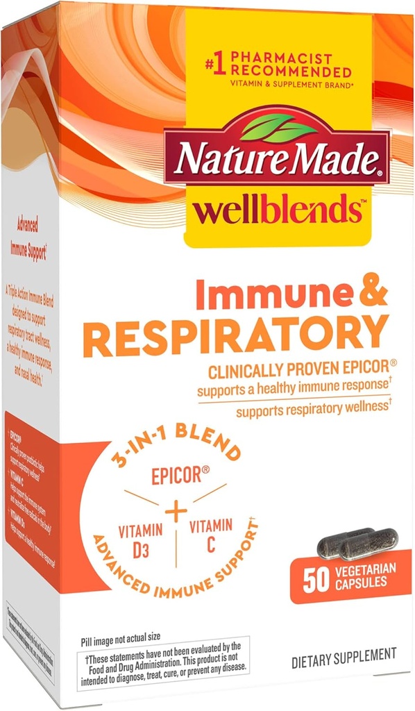 Nature Made Wellbends Imunní & Respirační, EpiCor Postbiotický, Vitamin C, Vitamin D3, Pokročilý doplněk imunitní podpory, 50 Vegetariánské kapsle