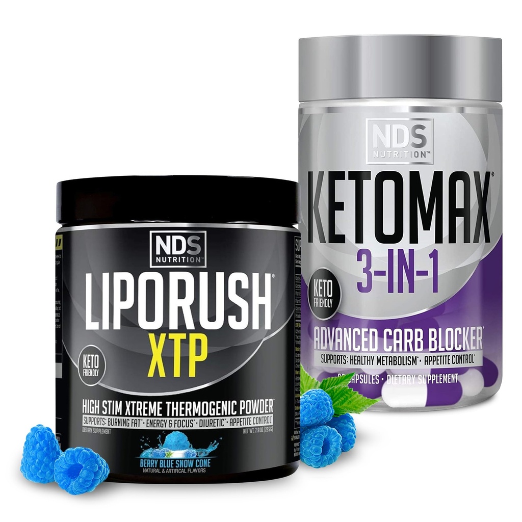 NDS Nutrition XTP Termogenní Blue Berry Snow Cone (45 Servings) a Keto-Max Advanced 3- in-1 pilulky Karbová skříňka Suppressant (90 Kapsle)