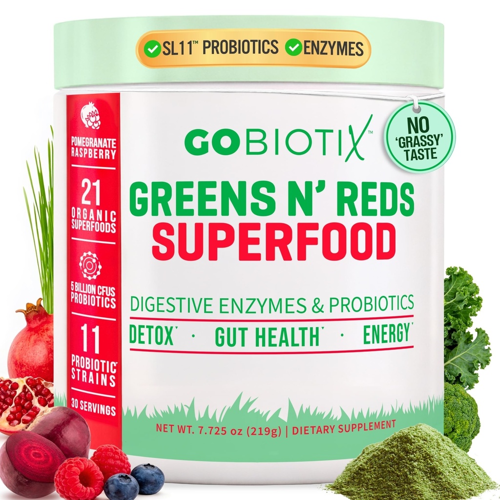 GOBIOTIX Super Zelené a červené Powder - Červený a zelený Superfood - Probiotický dodatek - Dědičné Enzymy a kořenový prášek - Organická celá potraviny Dietní dodatek (Pom Raspberry, 1 Pack)