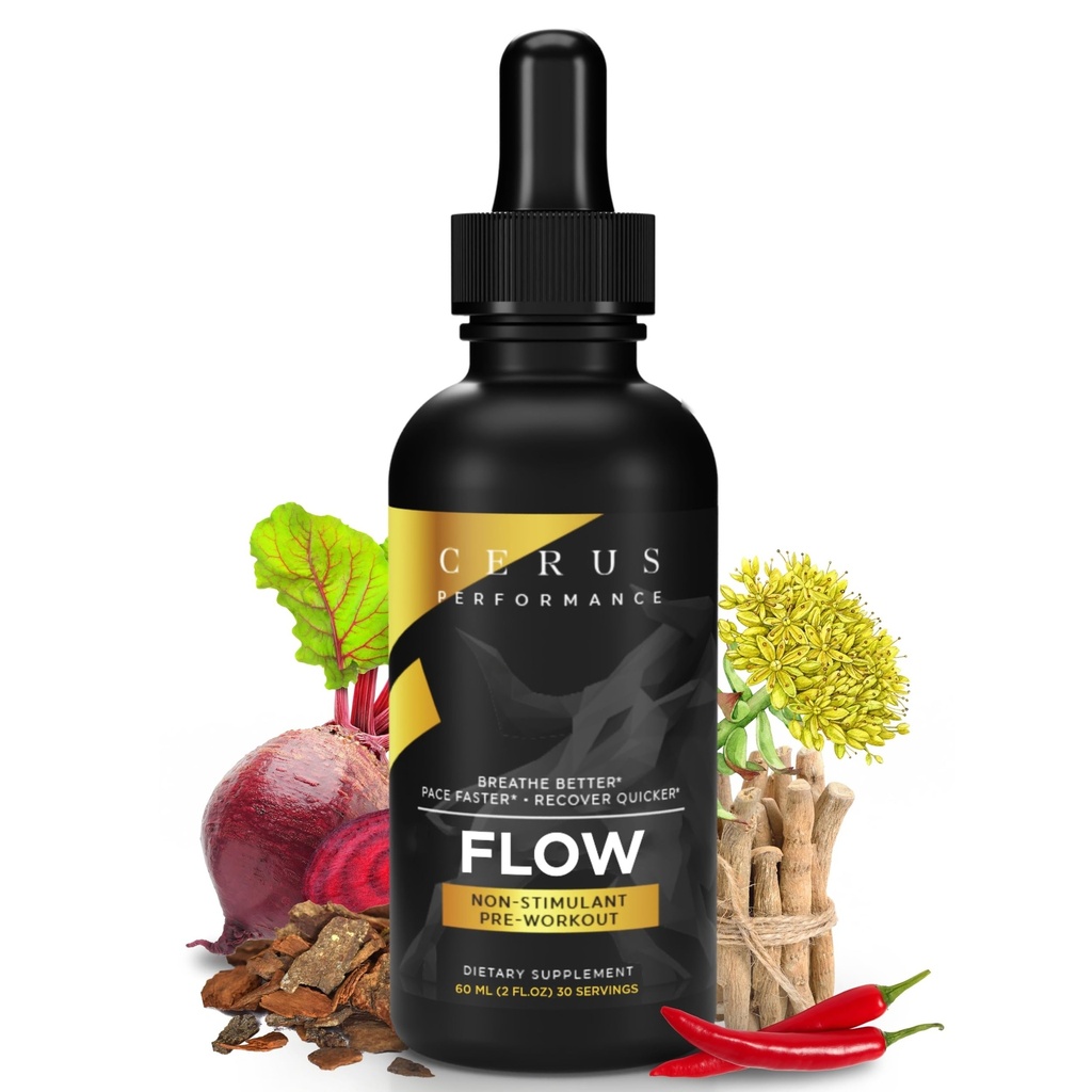 Cerus Performance Flow Stimulant- Free Endurance Pre- Workout - Zvyšuje Staminu, podporuje zdraví srdce s přírodním bylin, Vegan- Friendly - 2 Fl Oz