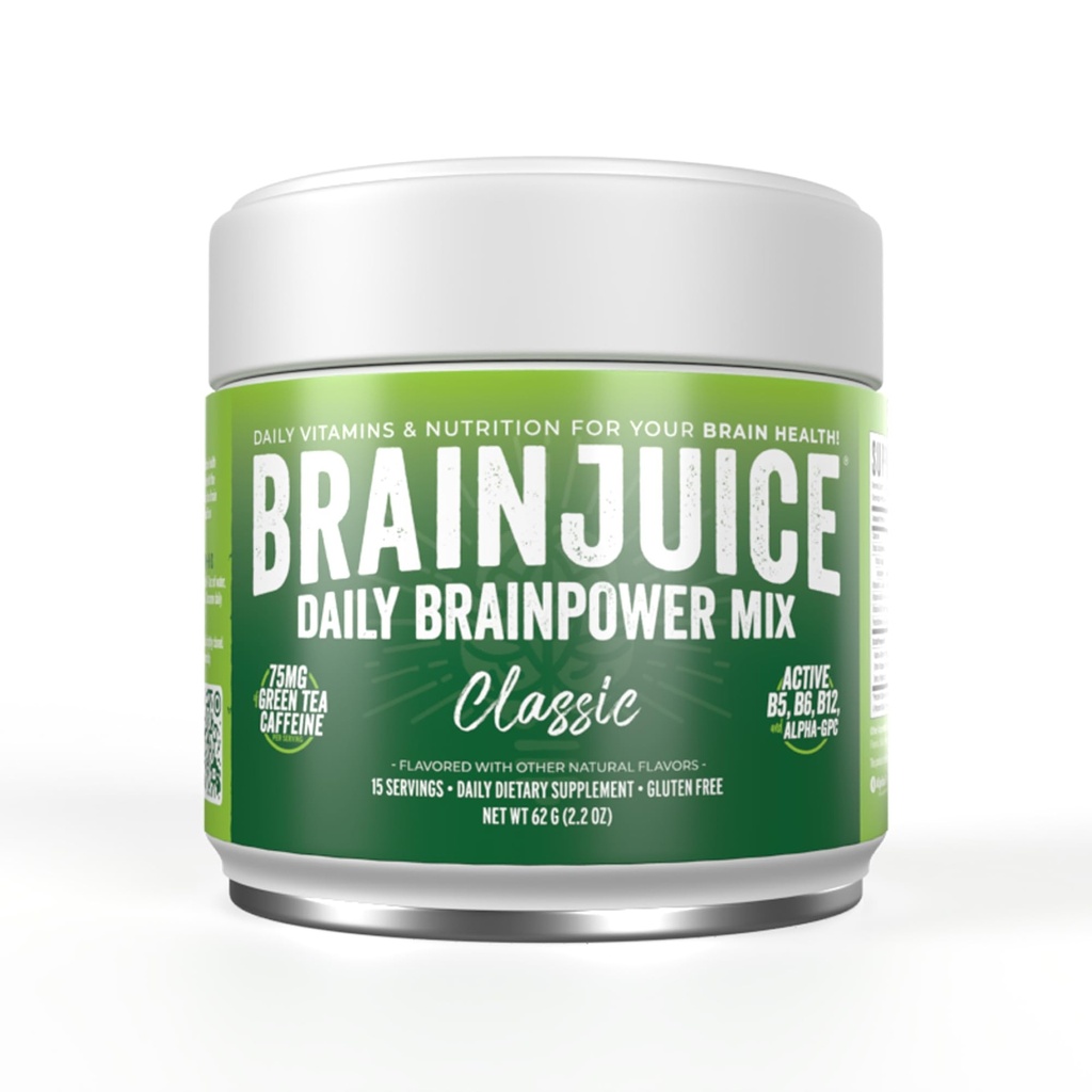BrainJuice Nootropics Brain Support Supplement, Gluten Free Powder for Energy and Focus, Drink Mix s L Theanine, Alpha GPC, Vitamin B, Organic Green Tea Extract Caffeine, Classic, 15 Servings
