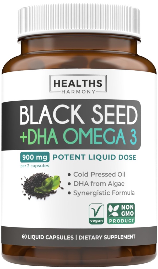 Cold- Pressed Black Seed Oil Kapsle - Vegan Non- GMO Nigella Sativa Black Seed Oil Dodatek s Omega 3 DHA pro plné tělo Wellness & Brain Support - Vegan Omega 3 & Thymoquinone- Rich (1 měsíc)