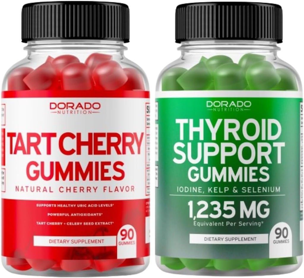 Tart Cherry (90 Gummies) Podpora hladiny kyseliny močové pro dospělé - Výkonný antioxidant s Celery Seed a štítné žlázy (90 Gummies) Ashwaganda & Bladderwrack Supplement - Vegan & Made in USA