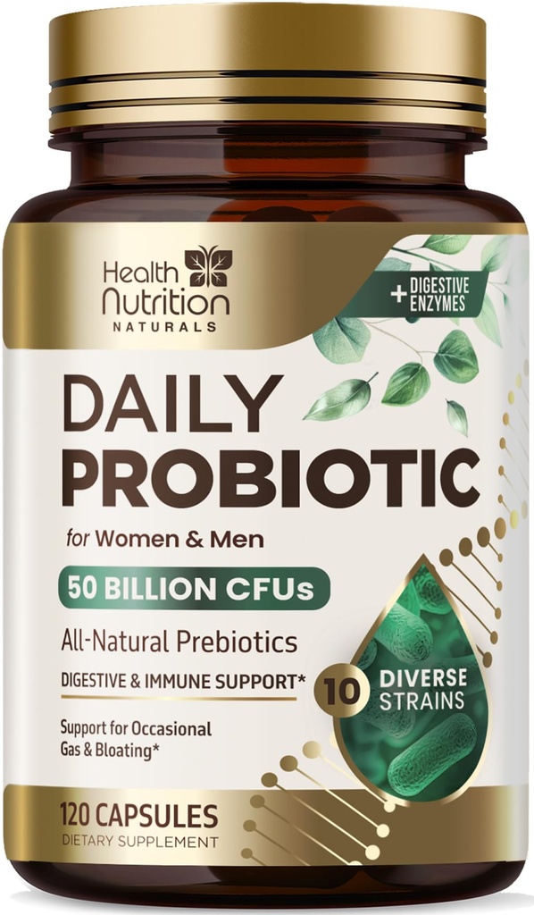 Probiotika 60 miliard CFU + 10 proužek - Denní probiotický Lactobacillus Blend pro imunitní, stravitelnou a gutovou podporu zdraví, Prebiotika a probiotika, plyn a floating pro ženy a muže - 120 Kapsle