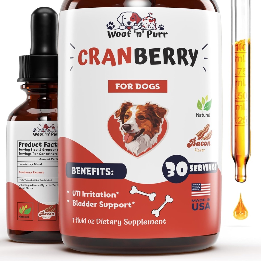 Cranberry Supplement for Dogs - Dog UTI Treatment - Dog Cranberry Supplement - Cranberry pro psy - Dog UTI - UTI Léčba psů - UTI Psi - 1 fl oz - Bacon Flavor
