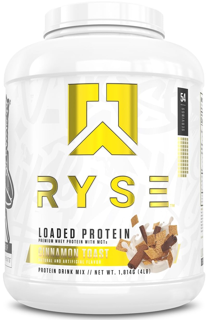 Ryse Loaded Protein Powder - Skořice Toast - 25g Syrovátkový protein izolát a koncentrát s prebiotickou fiber & MCTs - Nízký karb, Nízký cukr, Digestive- Friendly - 54 Servings / 4 LB Tub