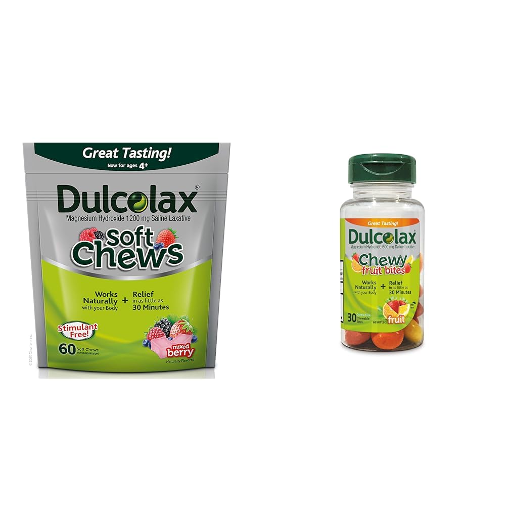 Dulcolax Soft Chews Saline Laxative Mixed Berry (60ct) Gentle Constolly Relief, Magnesium Hydroxide 1200mg & Chewy Fruit Bites, Saline Laxative, Asgrid Fruit (30ct) Cramp- Free Constolly Relief