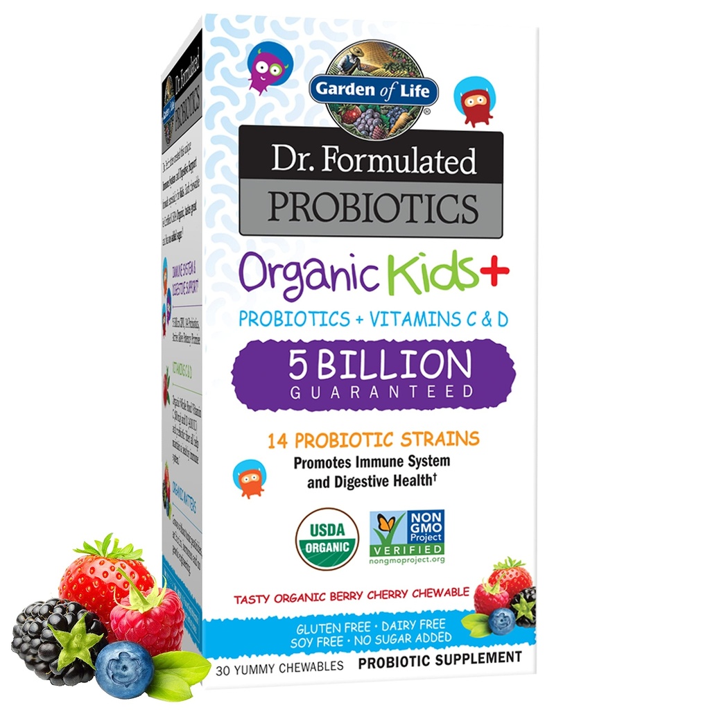 Zahrada života děti Probiotika, Dr. zprostředkovaná Probiotika Organické děti + Vitamin C & D, Berry Cherry, Gluten Dairy & Soy Volný Imunity & Digestive Health Dodatek, 30 Žvýkačky