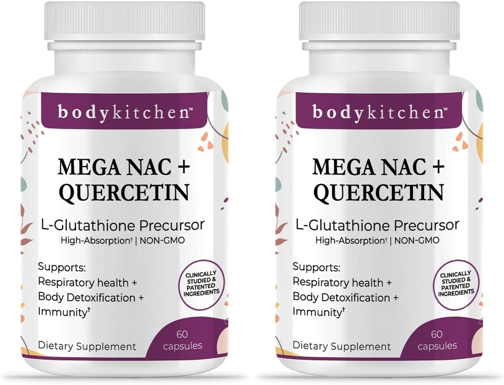 Body Kitchen Mega NAC (N- Acetyl Cysteine) 600 mg s Quercetinem, podporuje respirační zdraví a imunitní funkci a podporuje jaterní a ledvinové detox, Veggie Caps, (balení po 2)