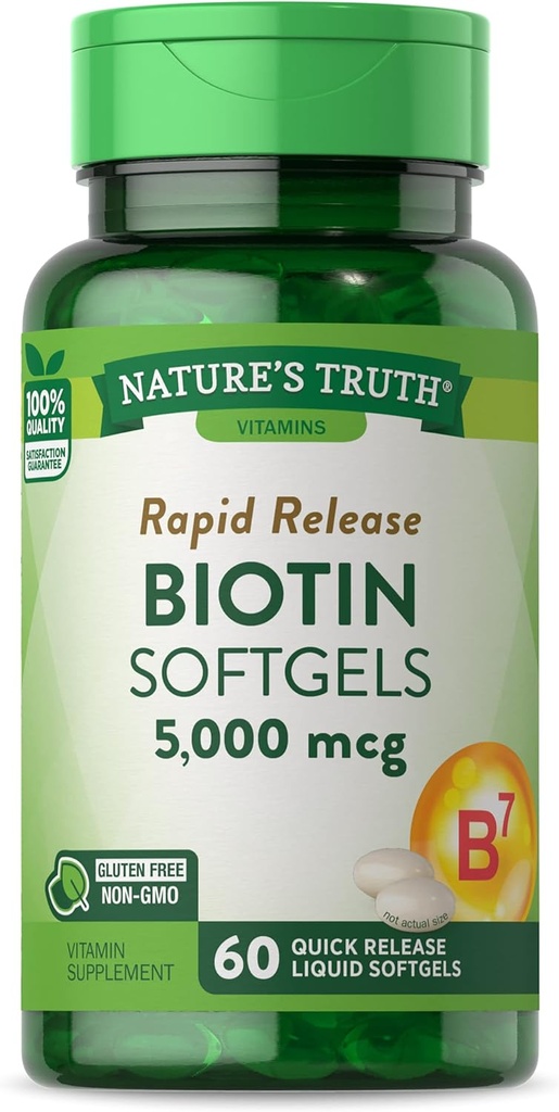 Nature 's Truth Biotin 5000mcg OF 124; 60 softgels OF 124; Non-GMO & Gluten zdarma doplněk pro muže a ženy