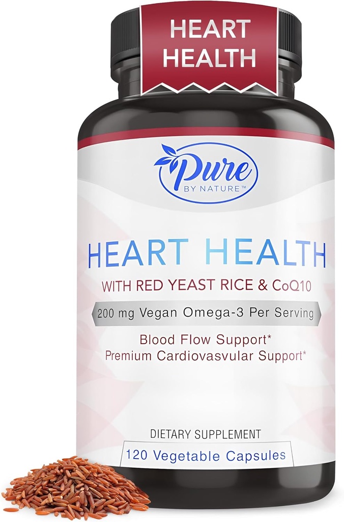 Čisté podle přírody červená kvasinková rýže s CoQ10 dodatek pro muže a ženy, 200mg Vegan Omega 3 per Serving, gluten- Free Non- GMO, 120 Kapsle