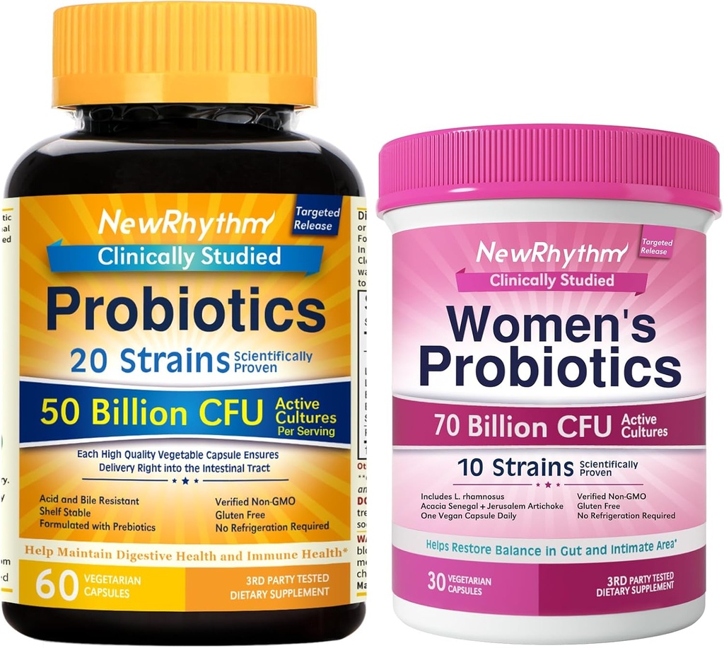 Newrhythm Gut & feminin Zdravotní Bundle, Probiotika 50 miliard CFU & Ženské Probiotika 70 miliard CFU, Denní Gut Zdraví & Feminin Péče, 90 Kapsle Celkem (Balení po 2)